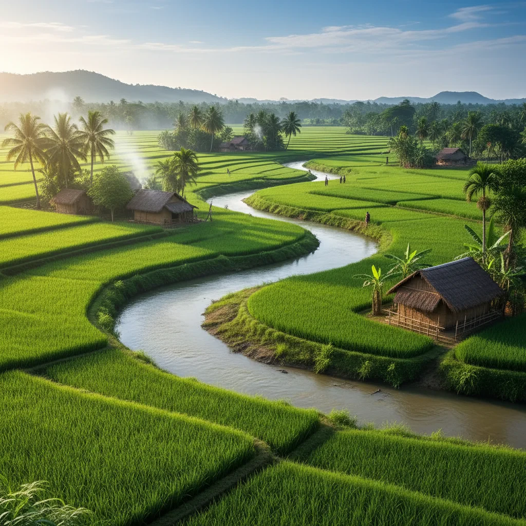 Lush green paddy fields in rural West Bengal at golden hour, flat alluvial plains with rice crops, warm atmospheric light