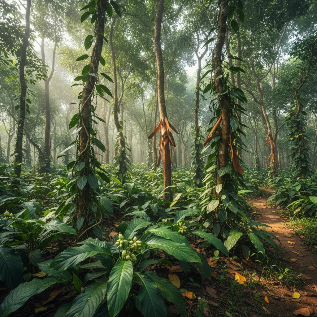Lush green pepper vines climbing wooden poles on a Kerala spice plantation with misty hills in the background