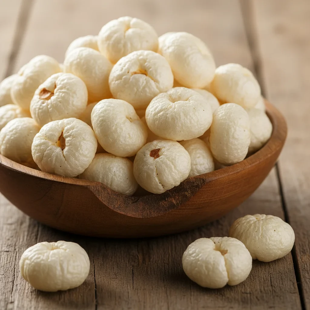 Plain roasted makhana fox nuts in a natural clay bowl, clean white puffed lotus seeds, minimal natural styling