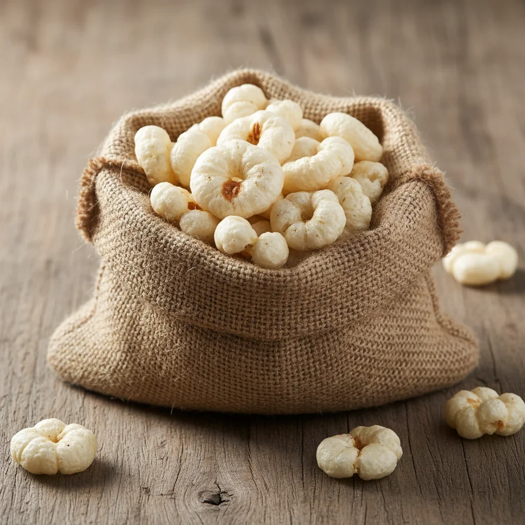 Close-up of plain roasted makhana puffs showing the natural white surface and airy texture, macro food photography