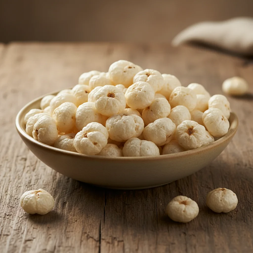 Makhana fox nuts scattered on dark stone surface with lotus flower, flat lay food photography, natural styling