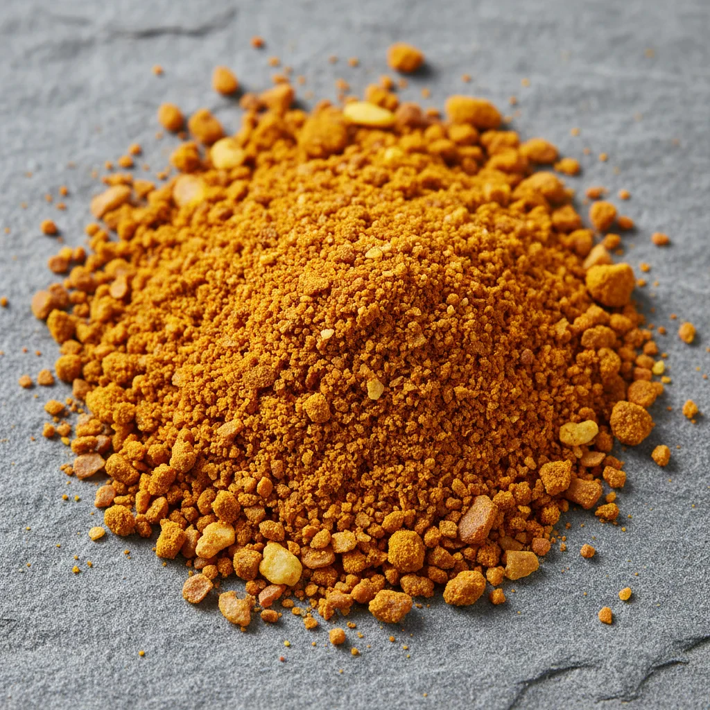 Vibrant orange turmeric powder and whole spices on dark stone surface, warm rich colors, dramatic side lighting