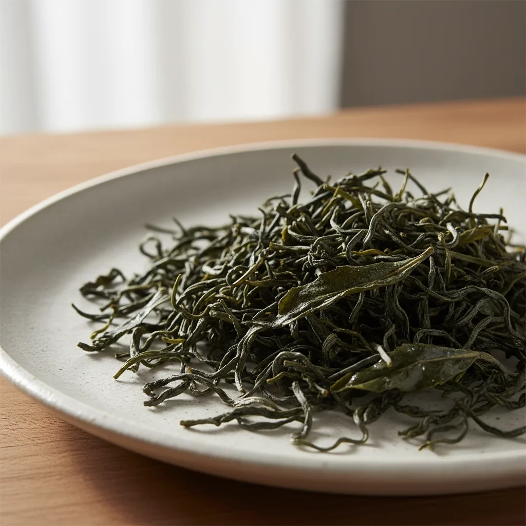 Loose leaf Darjeeling tea with golden tips in a dark ceramic bowl, misty atmospheric background, minimal elegant styling