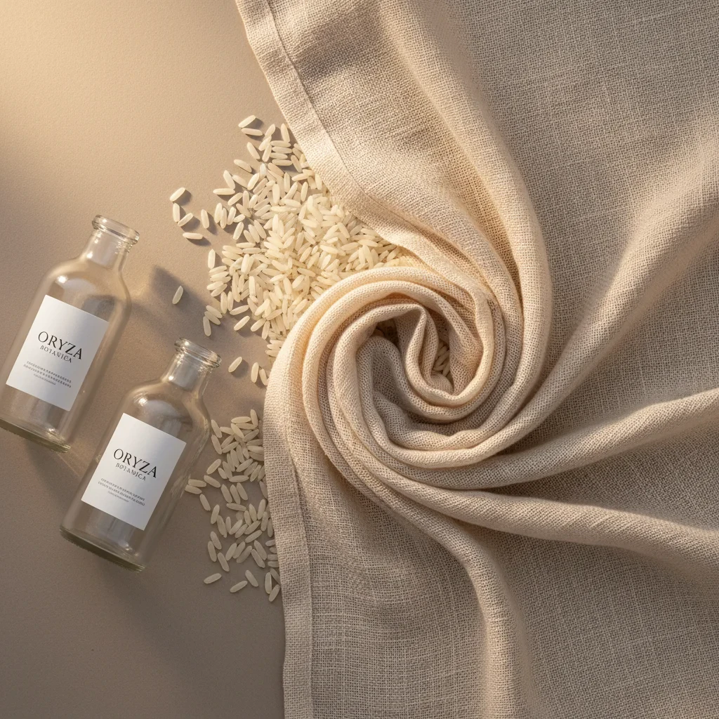 Raw heritage rice grains scattered on white linen fabric, natural morning light, clean minimal composition