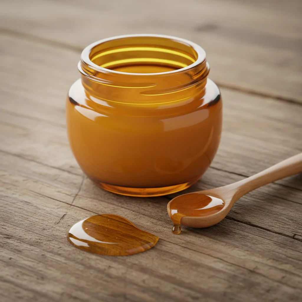 Golden honey dripping from a wooden spoon over a glass jar in bright natural light, warm amber tones, clean white background