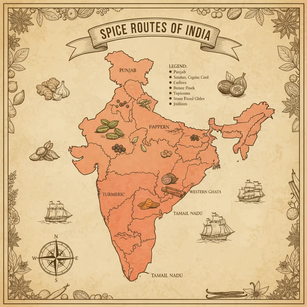 Ancient Indian map illustration with spice trade routes marked, warm sepia tones, aged paper texture
